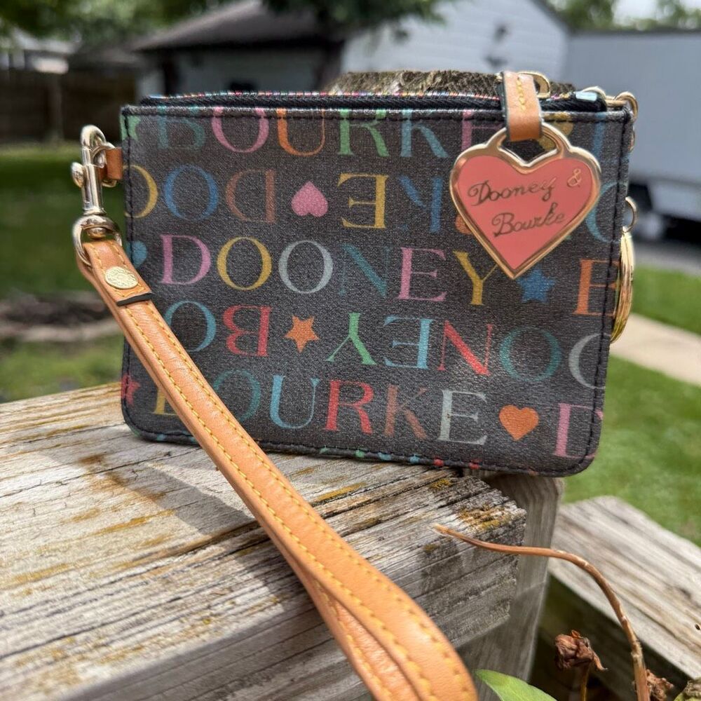 Dooney & Bourke Multicolor Logo Monogram Canvas Wristlet Pouch Black